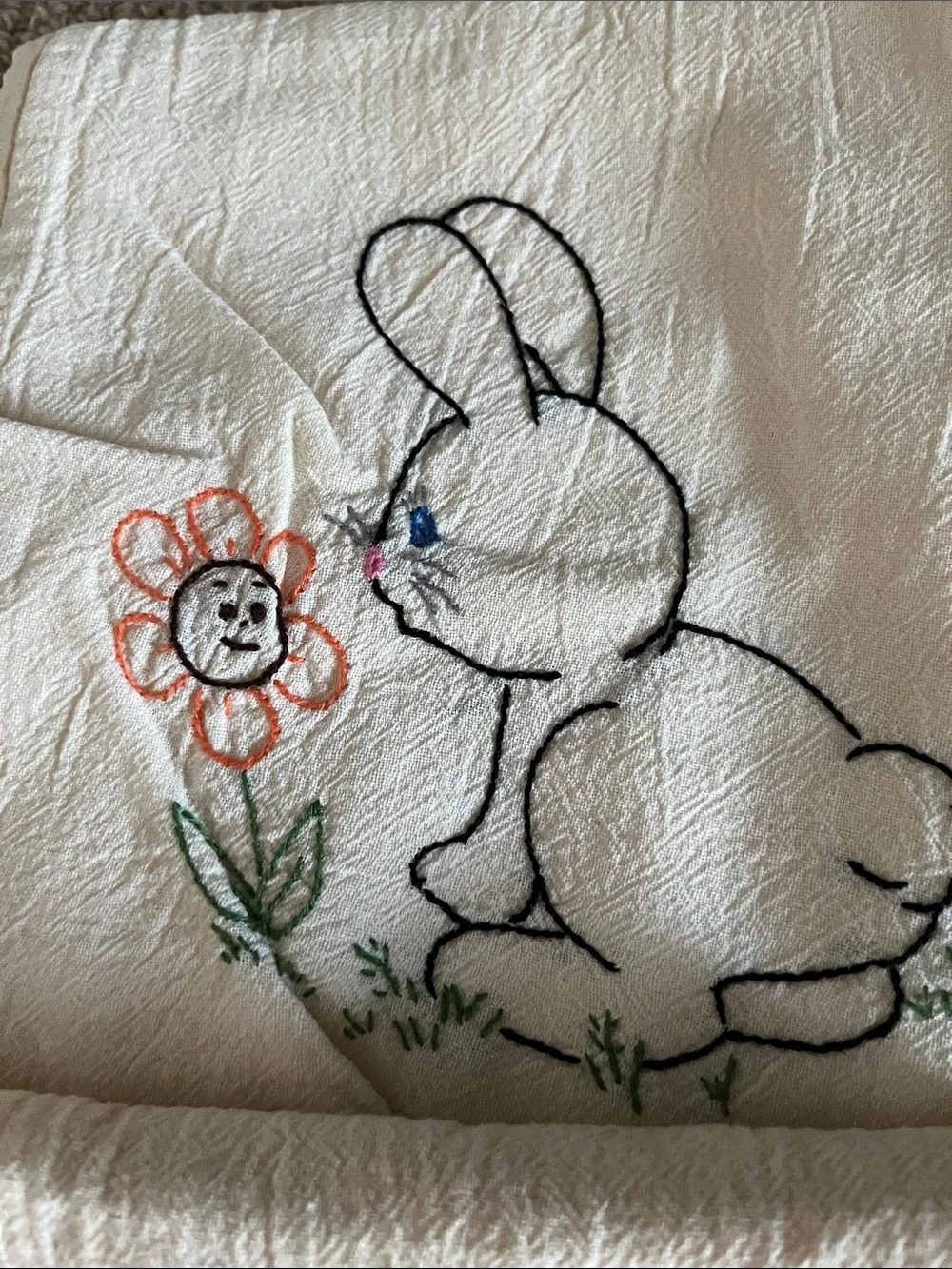 Set of 7 Vintage Hand Embroidered Bunny Tea Towels - Cream with Pastel Accents